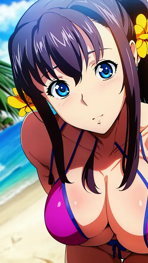 Beach,Palm tree, sun,Ocean,blue sky,
Pink Bikini Top,Bikini Bottoms,clavicle, chestの谷間, Bare shoulders, 
Blue eye, 紫colorの髪, bangs,Side Ponytail, hair ornaments, 
1 Girl, 20-year-old,young woman,beautiful Finger,beautiful long legs,beautiful body,
beautifu...