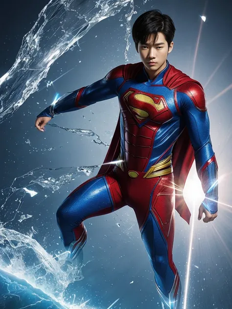 A full body shot of Korean teenage boy wears hero-suit made from  glass material that can be seen through his body,. Who is Superman?.