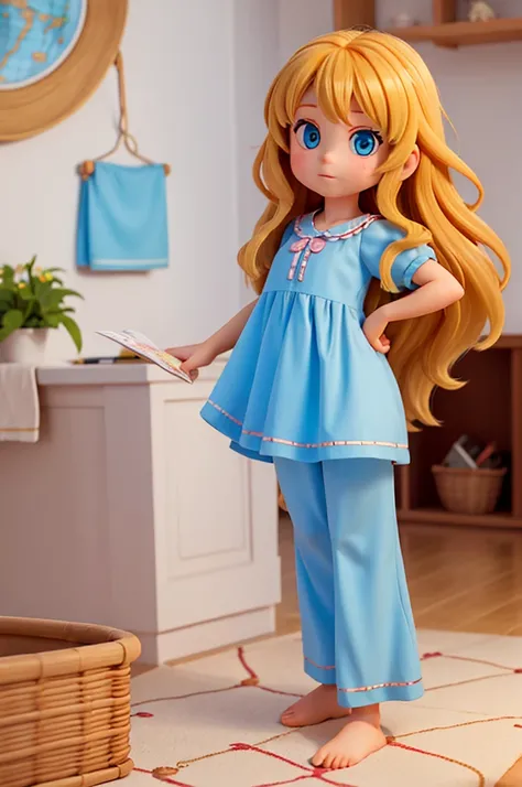 a little girl with long, thick hair of golden hair and two big, sparkling blue eyes, wearing a dress and pajamas, shes a , shes holding a map in her hand, shes a kid, a 