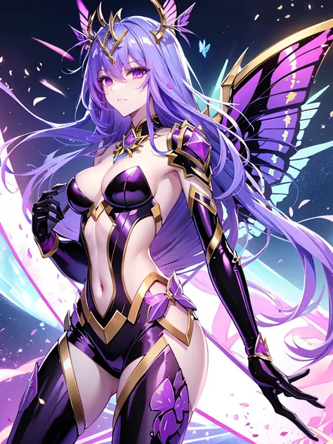 Tang Wutong, long hairs, small breast,mature, wearing latex black and purple star cyberpunk  armour suit and jewelry, colorful butterfly wings