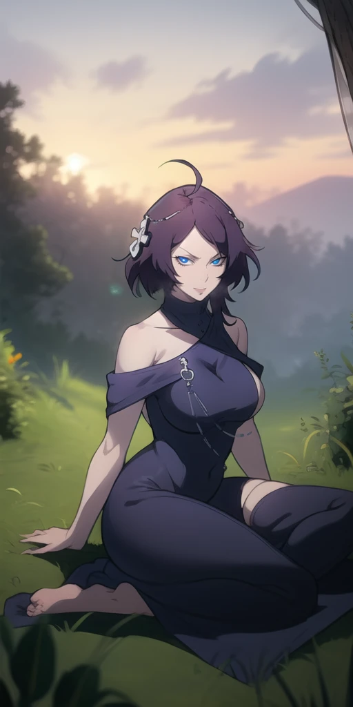 MC, ahoge, (long hari, purple hair:1.3), hair ornament, dark-blue eyes, breasts, epic art, fantasy, 1girl, grass, solo, barefoot, sitting, breasts, mountain, sunset, dress, bare_shoulders, outdoors, looking_at_viewer, off_shoulder, field, sky, lake, collar...