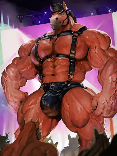 Horse man, exaggeratedly muscular (huge:2.0), huge breasts (huge:3.0), muscular thighs, malicious expression, muscular biceps, prominent veins, sweaty, nicebulge, gayharness, sexy pose in a competition with an audience.