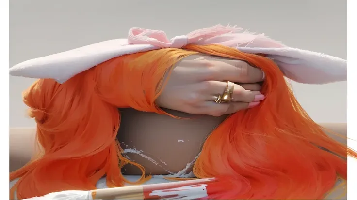 there is a woman with Orange hair and a pink bunny ears, painted in anime painter&#39;s studio, made with anime painter studio, anime realism style, bright orange hair, infrared hair, retrato de Jisoo from Blackpink, Orange hair, with long, floppy rabbit e...