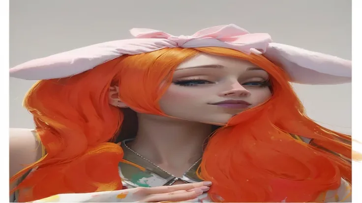 there is a woman with Orange hair and a pink bunny ears, painted in anime painter&#39;s studio, made with anime painter studio, anime realism style, bright orange hair, infrared hair, retrato de Jisoo from Blackpink, Orange hair, with long, floppy rabbit e...