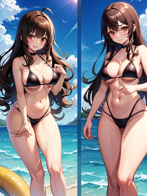 Anime girl, shy, thick, curvy, long curly brown hair with bangs, brown eyes, smiling, two piece swimsuit