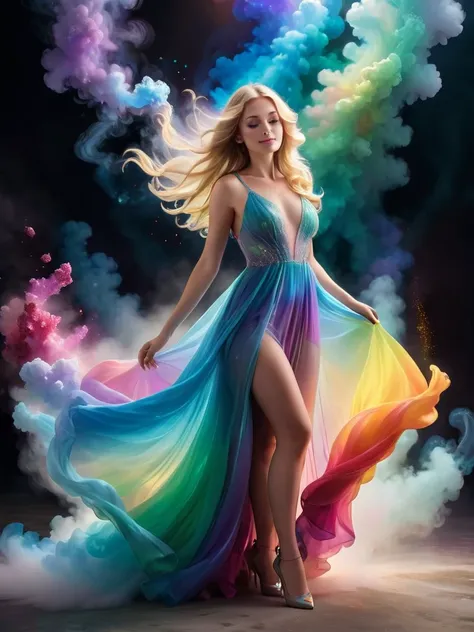 Romanticism, Hyper HD, Mysterious, Mysterious, Full body portrait of beautiful attractive young woman, Perfect angel face, Endless super long blonde hair, Flow around her, Blown away by the wind, (A soft rainbow of smoke floats around her body.) Like an el...