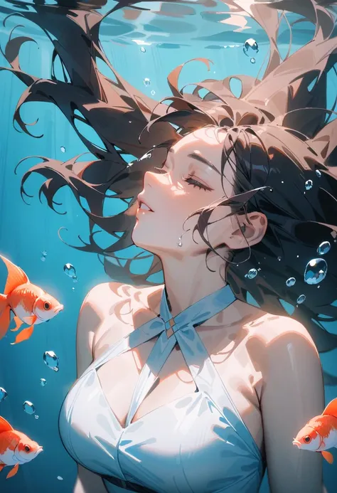 masterpiece, best quality, very aesthetic, absurdres, newest, 1girl, solo, long hair, breasts, brown hair, black hair, closed eyes, upper body, parted lips, water, lips, watermark, looking up, fish, bubble, underwater, nose, air bubble, submerged, goldfish