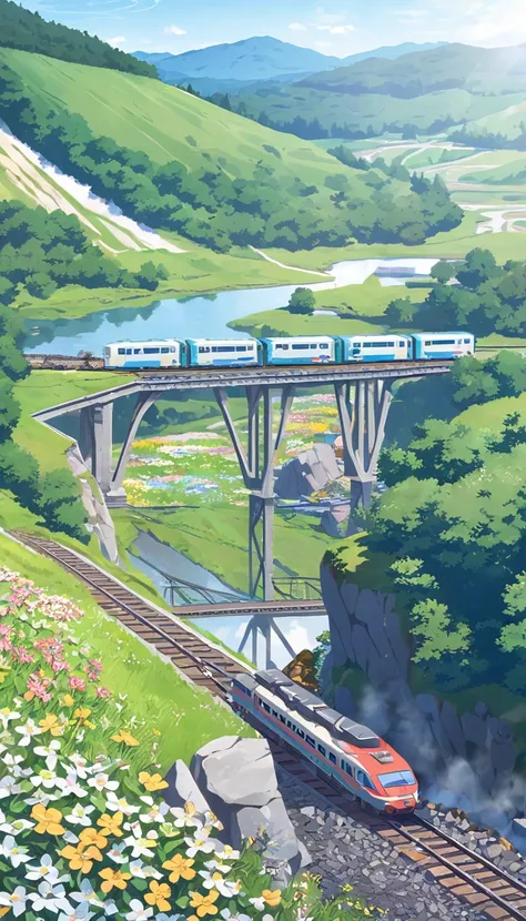 (A high-speed train loaded with coal), railway tracks extending from mines, on bridges,Flower Field,hillside,Hiking, plateau, summer,nobody