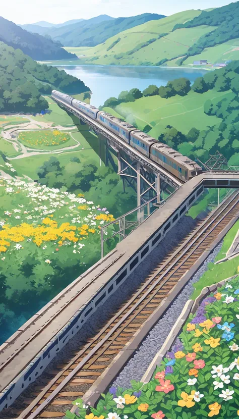 (A high-speed train loaded with coal), railway tracks extending from mines, on bridges,Flower Field,hillside,Hiking, plateau, summer,nobody