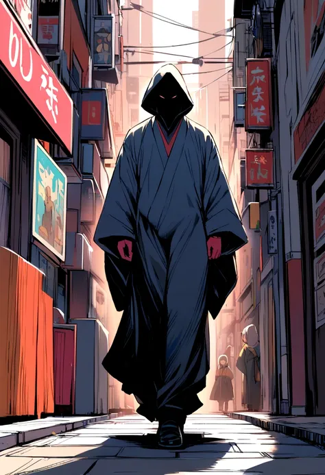 "A mysterious figure leisurely walking through the busy streets of Tokyo.."