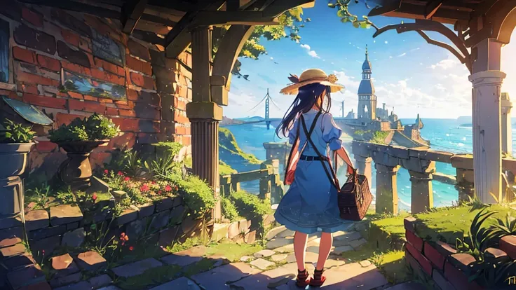 high resolution、Fantasy、landscape、Europe、Anime Style、beautiful　Overlooking the cityscape　Young girl back view　Straw hat、Nostalgic、Ocean　brick stairs