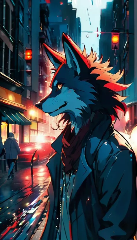 (better detailing, high qualiy), furry wolf, walking around the city, (natta, glittering lights, urban environment), (dynamic framing, fierce expression, Messy hair), (eerie glowing red eyes, detailed coat), (colored spots, wet streets), (focal point on th...