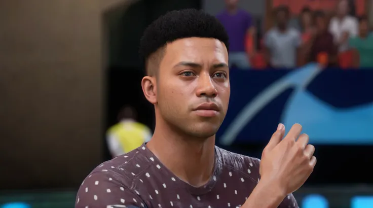 there is a man with a black hair and a brown shirt, super realistic gritty, hyper realistic content, in style of tyler mitchell, ultra detailed content : face, ultra-realistic graphics, 8k portrait render, realistic graphics, realistic skin color, 2 k aest...