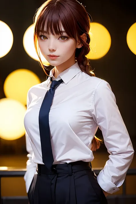 (masterpiece, best quality, high quality, highres, ultra-detailed), 1girl, red hair, single braid, ringed eyes, yellow eyes, golden eyes, bangs, blue sky, white shirt, black necktie, long office pants, low angle view, looking down at viewer, , closed mouth...