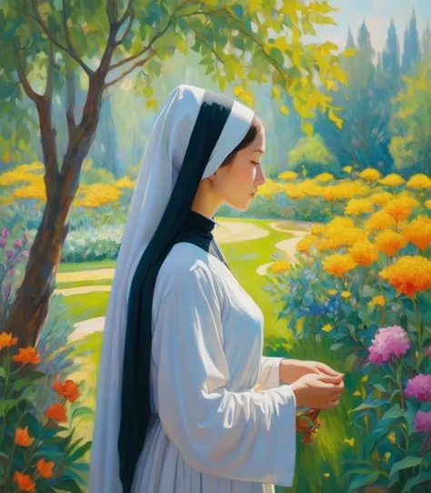 Immerse yourself in the tranquil beauty of divine light. Imagine a tranquil monastery garden, Bright flowers bloom、Gentle sunlight on the trees々Plug in from between. In the heart of this tranquil setting、Shining figures、A pious nun stands。, Her face was sh...