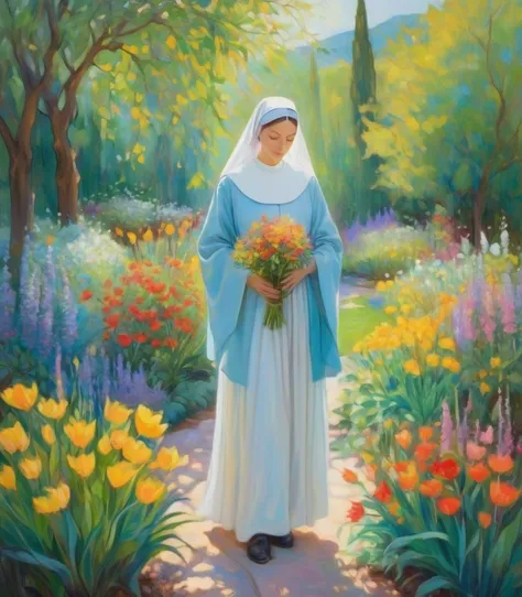 Immerse yourself in the tranquil beauty of divine light. Imagine a tranquil monastery garden, Bright flowers bloom、Gentle sunlight on the trees々Plug in from between. In the heart of this tranquil setting、Shining figures、A pious nun stands。, Her face was sh...