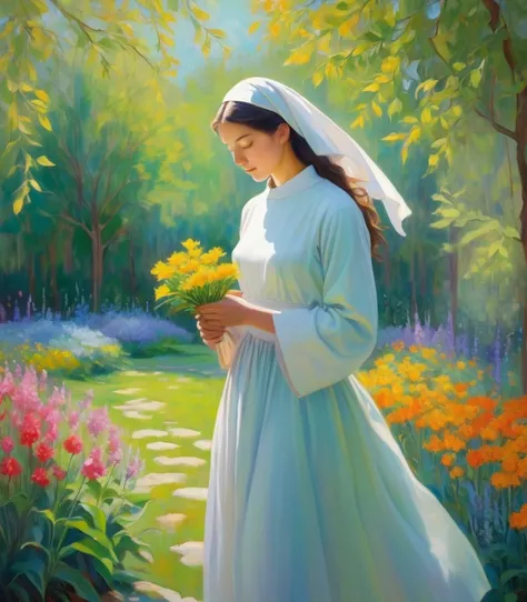 Immerse yourself in the tranquil beauty of divine light. Imagine a tranquil monastery garden, Bright flowers bloom、Gentle sunlight on the trees々Plug in from between. In the heart of this tranquil setting、Shining figures、A pious nun stands。, Her face was sh...