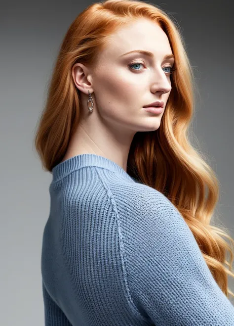 Sophie Turner, a woman in a sweater and blue jeans, its a sideprofile and she shows her ass, small and high ass, high quality, photorealistic, hyperrealistic