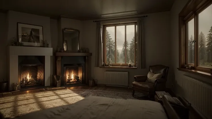 airy room with a fireplace and a large window overlooking a field, dark room, cozy place, cozy room, large windows to the forest at night, realistic rendering of the unreal engine, cozy and quiet atmosphere, atmospheric cozy, cozy and calm, rendering daily...