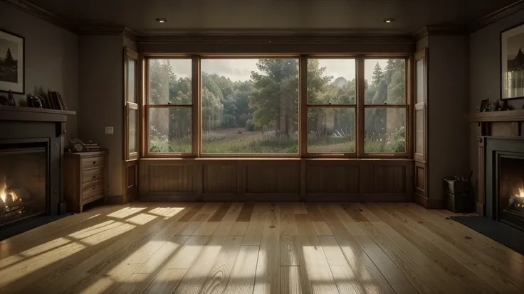 airy room with a fireplace and a large window overlooking a field, dark room, cozy place, cozy room, large windows to the forest at night, realistic rendering of the unreal engine, cozy and quiet atmosphere, atmospheric cozy, cozy and calm, rendering daily...