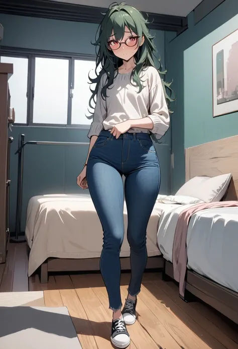 masterpiece, best quality, 1 female, solo, 35 year old female,full body,standing ,shoot from behind,casual outfit, jeans,flat chest,Long Hair, Dark Green Hair,messy hair,glasses, red eyes,Shy , wide hips,tall,in room,ass