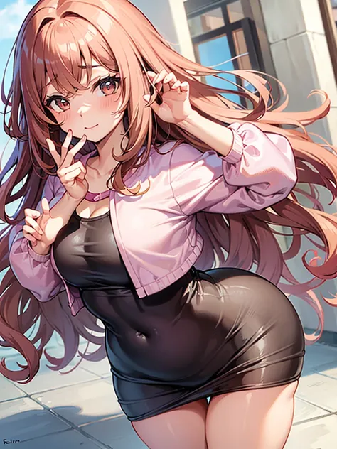 Anime girl, shy, thick, curvy, long curly brown hair with bangs, brown eyes, pastel pink outfit aesthetic 