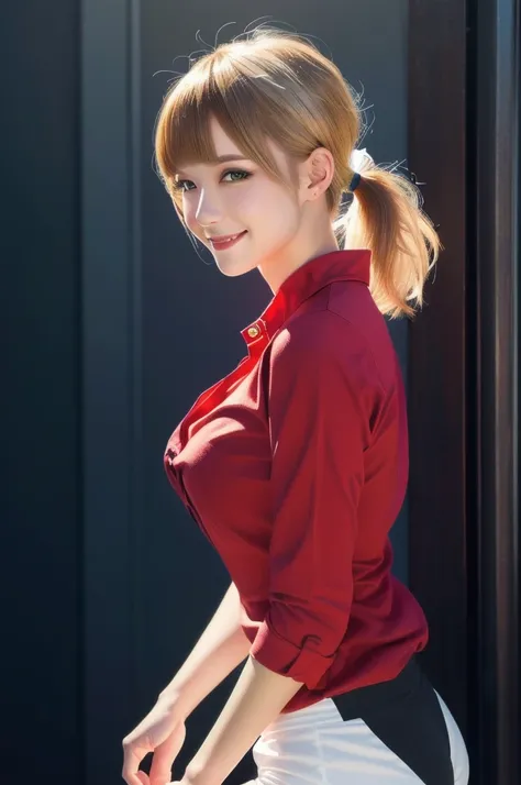 masterpiece, 8k, arafed image of a woman in a red shirt with blond hair, short pants, RAW photo, (pony tail:1.2), (short bangs), smile, photo quality, extremely detailed artgerm, beautiful alluring woman, style artgerm, artgerm on artstation pixiv, artgerm...