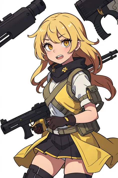 1 Girl、solo、skirt、Blonde Hair、Simple Background、Thighs、gloves、White background、Keep、、Yellow Eyes、arms、teeth、arms、gun、鋭いteeth、gun、rifle、アサルトrifle、holster、Trigger Discipline、Thighsholster、scope、holsterarms、Load-bearing vest、AR-15