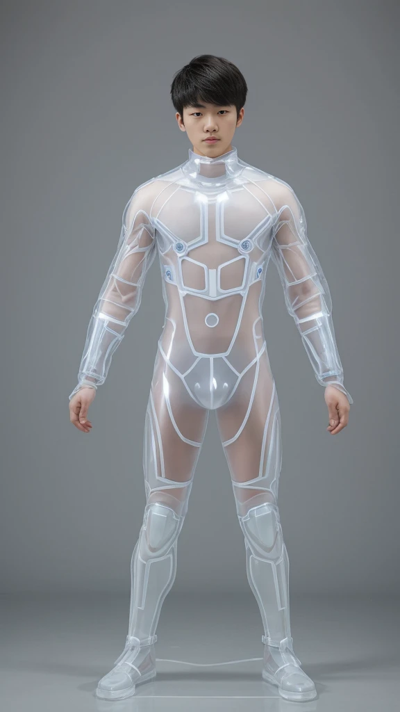 A full body shot of Korean teenage guy wears hero-suit made from transparent clear glass material that can be seen through his body, looks like nude body 