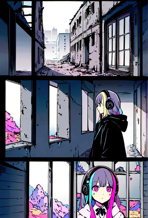 Image of a sad beautiful girl in a coat and hoodie with folded arms looking out the window in a dark room, A rundown apartment room、A window overlooking the dilapidated building outside, Apocalypse, wasteland, She has headphones on and is facing the window...