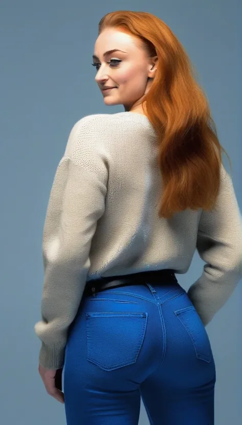 sophie turner, a woman in a sweater and blue jeans, its a sideprofile and she shows her ass, small and high ass, high quality, p...