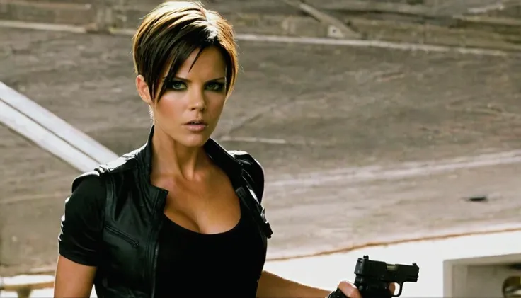 Resident evil girl latina skin, very short shaved pixie hair, with holster, black clothes, tactical holster, and holding a gunner, angry busty, [Victoria Beckham],[[KateBeckinsale]],[[[Jenna Coleman]]],[[[Tricia Helfer]]], green eyes, busty, sporty,
