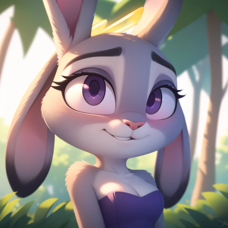 judy hopps, strapless tight dress, cleavage, halo, sunglasses, jewelry, purple eyes, longeyelashes, purple eyes, smile, shy, blu...