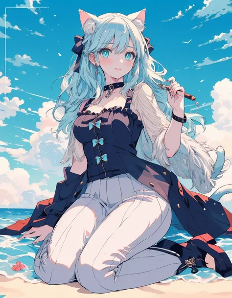 smile, wariza, casual, fullbody, ((masterpiece, best quality:1.5)), ((Beautiful detailed cat aqua eyes:1.2)), cat ears, pale skin, medium breasts, beautiful hands, beautiful fingers, EasyNegative