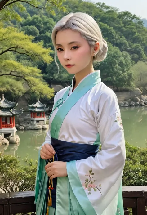 a realistic image of a middle school-aged girl wearing traditional chinese hanfu, with white short hair, petite figure, standing...