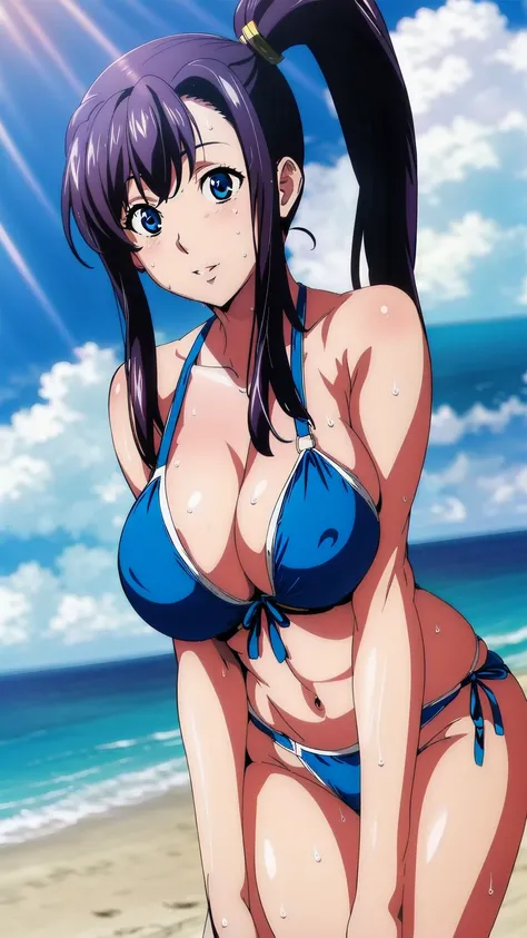 
Blue Eyes, Purple Hair, bangs,Side Ponytail, hair ornaments, Smiling, looking at the viewer, blue theme, blue background, cloudy sky, sunlight, sweat, orgasmic, bikini swimsuit, large breasts, cleavage, belly button exposed, collarbone, thighs, sea and be...