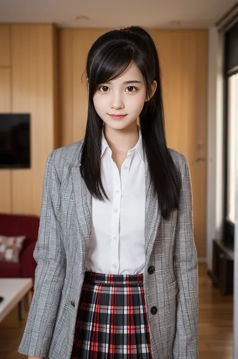 blazer,Red Check Pleated Skirt,16 years old,high school girl,Black Hair,Straight Hair,ponytail,Dark Eyes,Small Face,Clean eyes,Small Mouth,slender,Young face,Lori,living room,Standing posture,live-action,Realistic photos,8K,Smile,