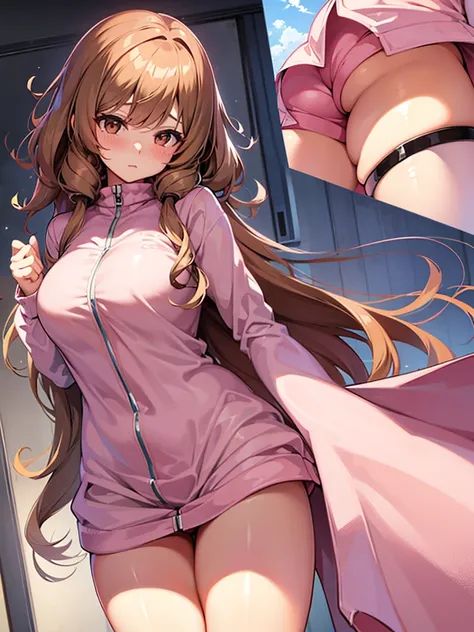 Anime girl, shy, thick, curvy, long curly brown hair with bangs, brown eyes, pastel pink outfit aesthetic 