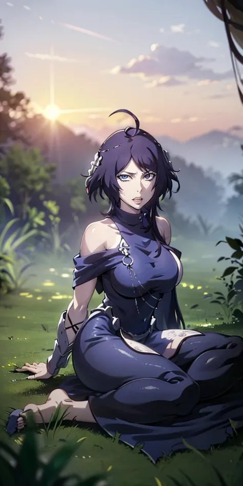 mc, ahoge, (long hari, purple hair:1.3), hair ornament, dark-blue eyes, breasts, epic art, fantasy, 1girl, grass, solo, barefoot...