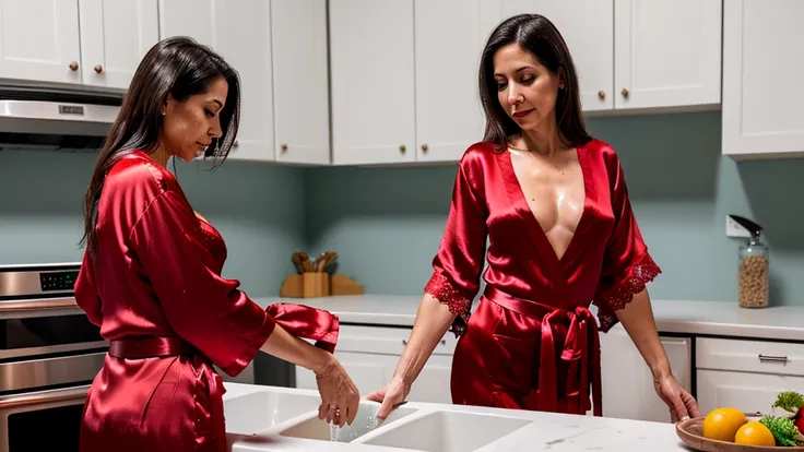 down blouse style (view fronm front looking down shirt), slender latina adorable mom, doing dishes in the kitchen at the sink, sink filled with water, braless (loose red silk robe to see tits hanging inside robe, cleavage)