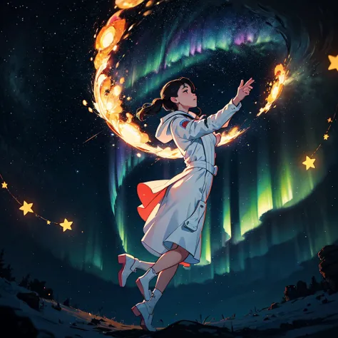 "This is a stunning 8k original image masterpiece，It depicts a Q-version astronaut surrounded by a stunning starry sky., Vibrant aerial fireworks,Astronauts dancing on the moon while listening to MP3， and the spectacle of the aurora dancing in the Milky Wa...