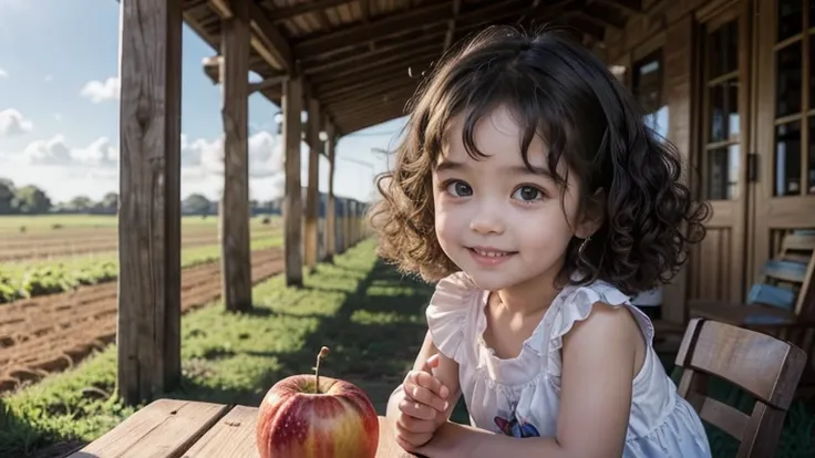 (Desenho estilo pixar) Alice, a three year old girl with curly hair, radiant dark skin and a charming smile that lights up any room. Alice eating fruit on the farm