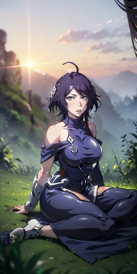 mc, ahoge, (long hari, purple hair:1.3), hair ornament, dark-blue eyes, breasts, epic art, fantasy, 1girl, grass, solo, barefoot...