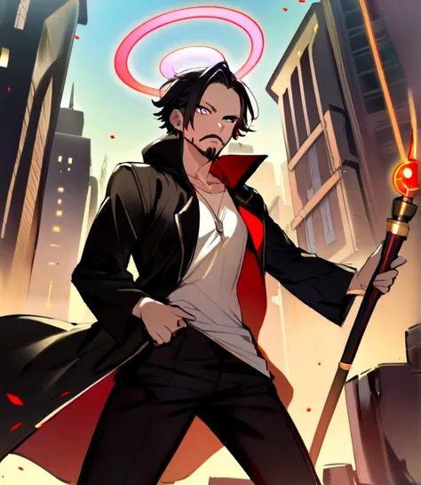 1boy, dark short hair, different color eyes, one demonic eye and one angelic eye, halo, one side horn, a task pointy tooth, 7 color spirits fly around the character, wears simple white shirt and simple black pants, wears a dark overcoat, holding a bo staff...