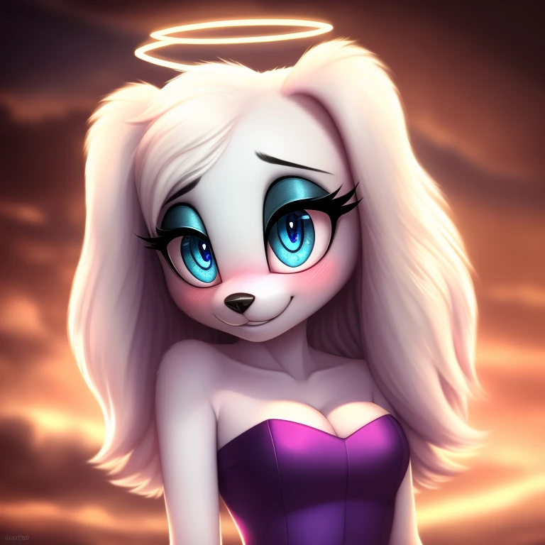 fay spaniel, strapless tight dress, cleavage, white hair, curly hair, halo, sunglasses, jewelry, aqua eyes, longeyelashes, aqua ...