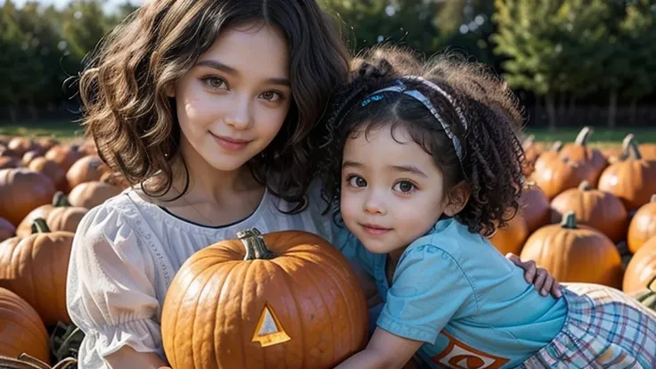 Desenho estilo pixar) Alice, a three year old girl with curly hair, radiant dark skin and a charming smile that lights up any room. Alice helping to pick pumpkin at the farm with her mother, a lady with curly hair and white skin