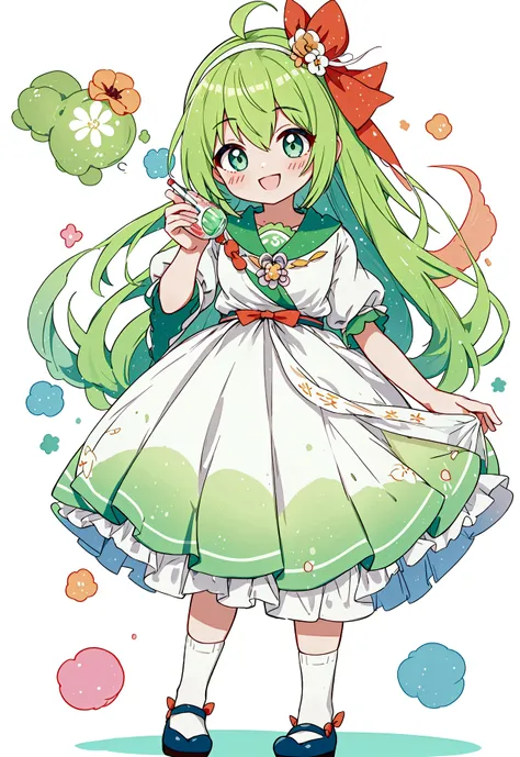 appearance: hair color: bright green、bubbleのような白いハイライトが入った髪。 eye color: cool light green and emerald green。winged。melon sodaを持って...