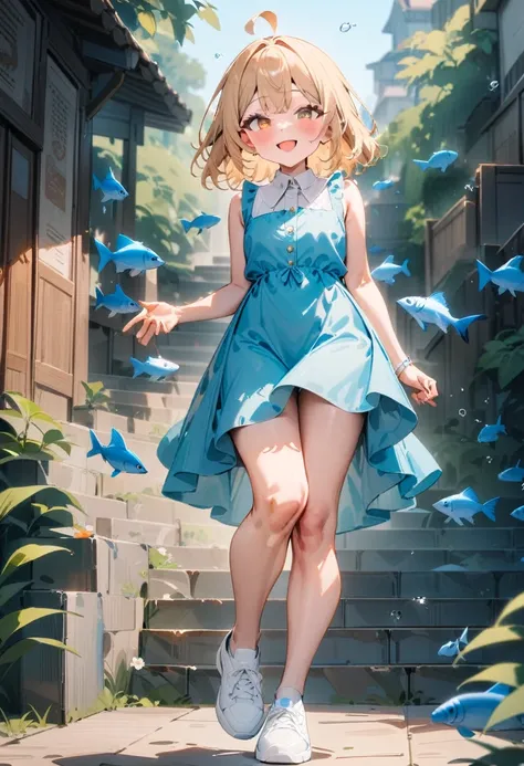 masterpiece, best quality, very aesthetic, absurdres, newest, 1girl, solo, looking at viewer, blush, smile, open mouth, bangs, blonde hair, dress, brown eyes, full body, ahoge, outdoors, shoes, sleeveless, sleeveless dress, blue dress, white footwear, fish...