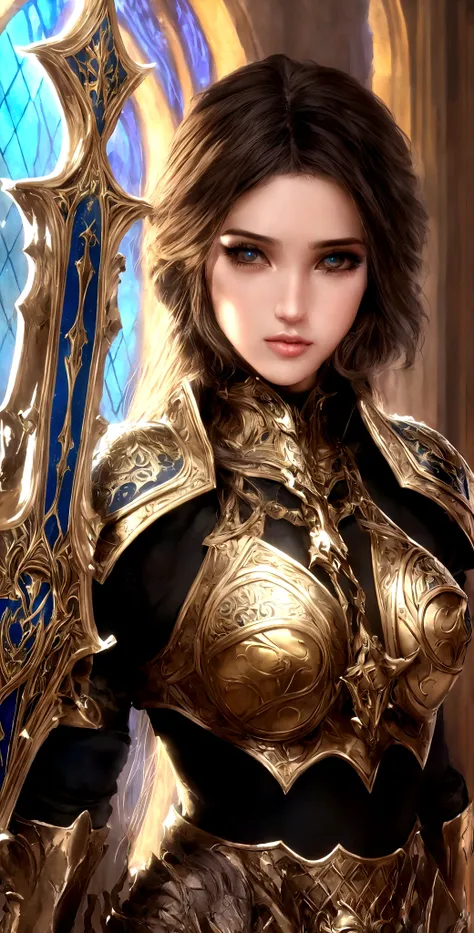 a beautiful woman paladin, beautiful detailed eyes, beautiful detailed lips, extremely detailed eyes and face, long eyelashes, woman in ornate fantasy armor, holding sword and shield, cathedral interior, sunlight streaming through stained glass windows, dr...
