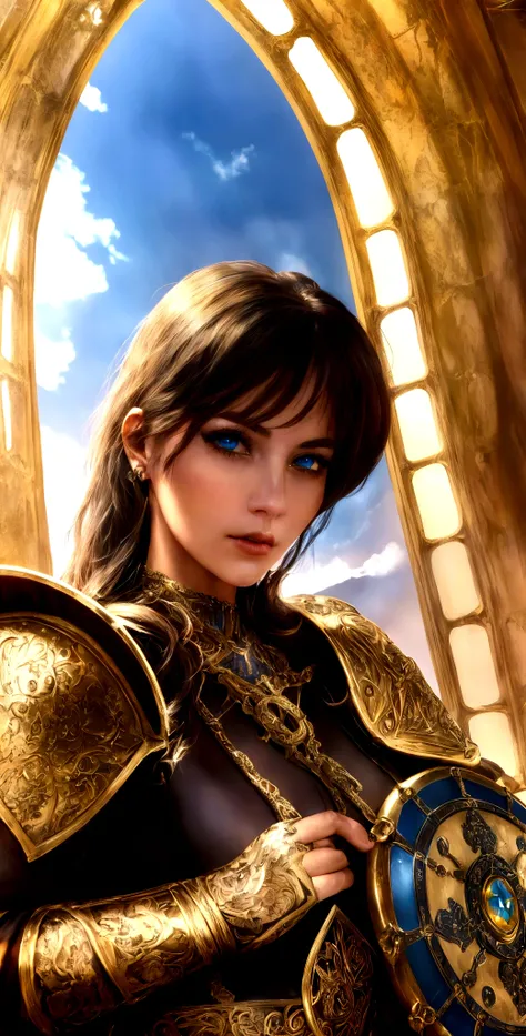 a beautiful woman paladin, beautiful detailed eyes, beautiful detailed lips, extremely detailed eyes and face, long eyelashes, woman in ornate fantasy armor, holding sword and shield, cathedral interior, sunlight streaming through stained glass windows, dr...